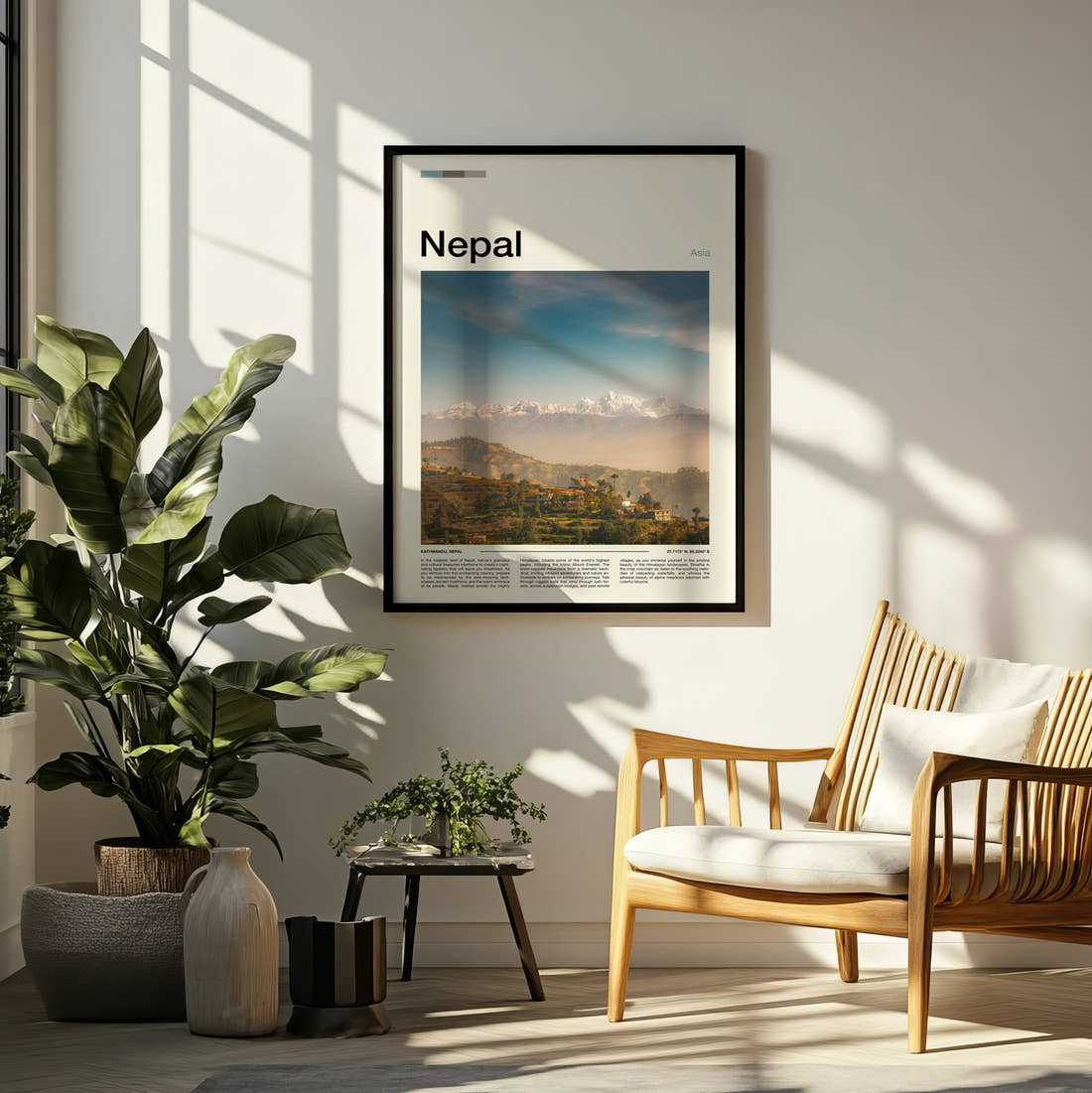 Nepal Himalayas Above The Valley Travel Print framed on a pale wall beside houseplants