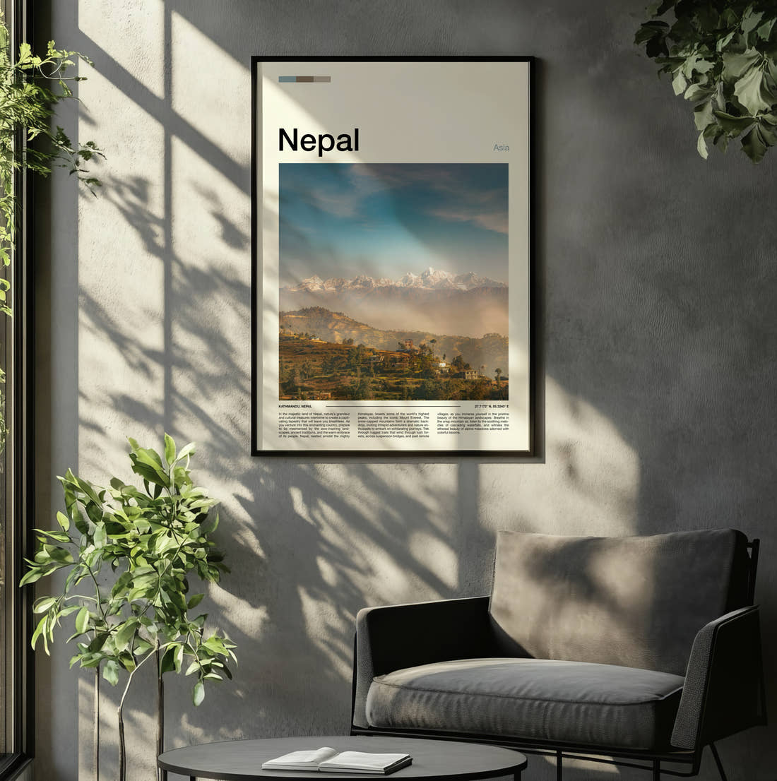 Nepal Himalayas Above The Valley Travel Print framed on the wall of a relaxed living room