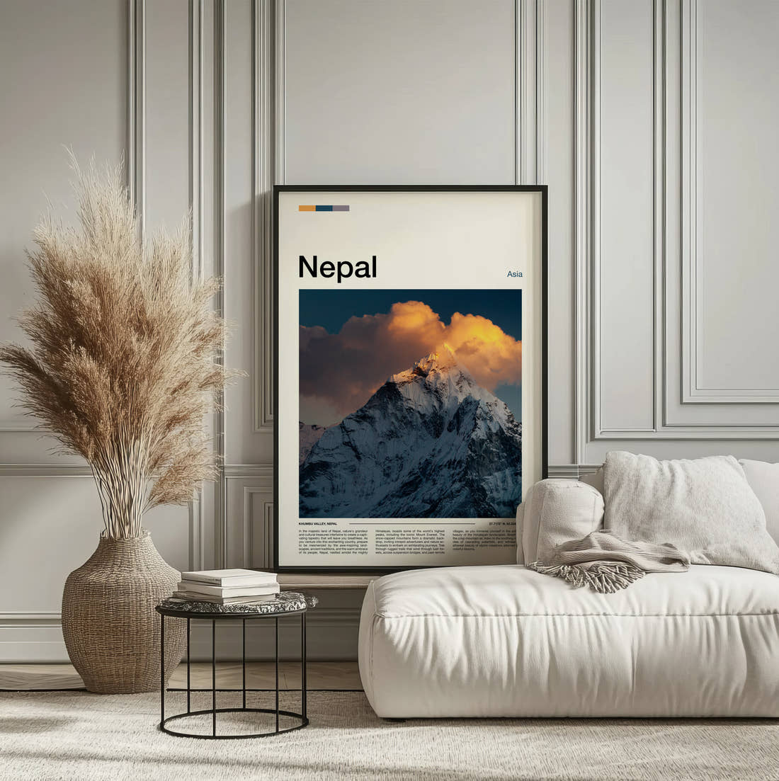Nepal Snow Capped Peak Travel Print framed on the wall of a calm, neutral bedroom