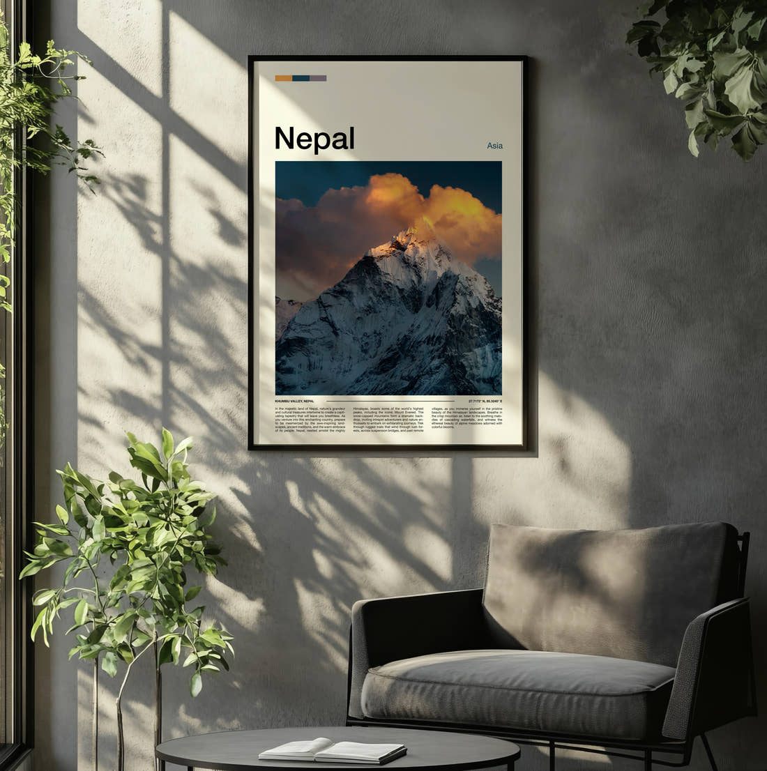 Nepal Snow Capped Peak Travel Print framed on the wall of a relaxed living room