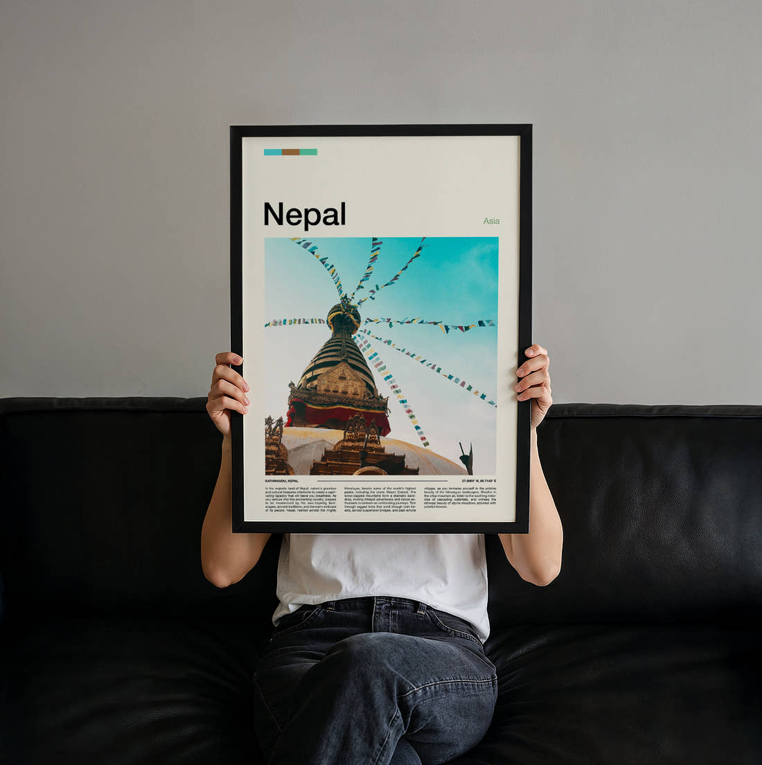 Nepal Stupa With Prayer Flags Travel Print held up by hand to show the size of the print