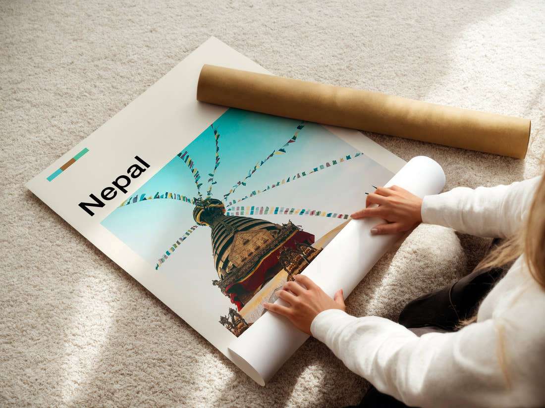 Nepal Stupa With Prayer Flags Travel Print being unrolled from its postal tube