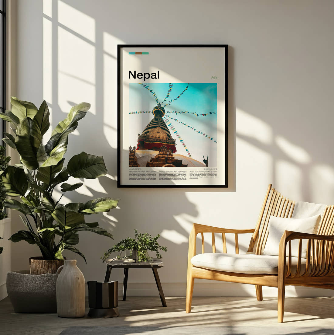 Nepal Stupa With Prayer Flags Travel Print framed on a pale wall beside houseplants