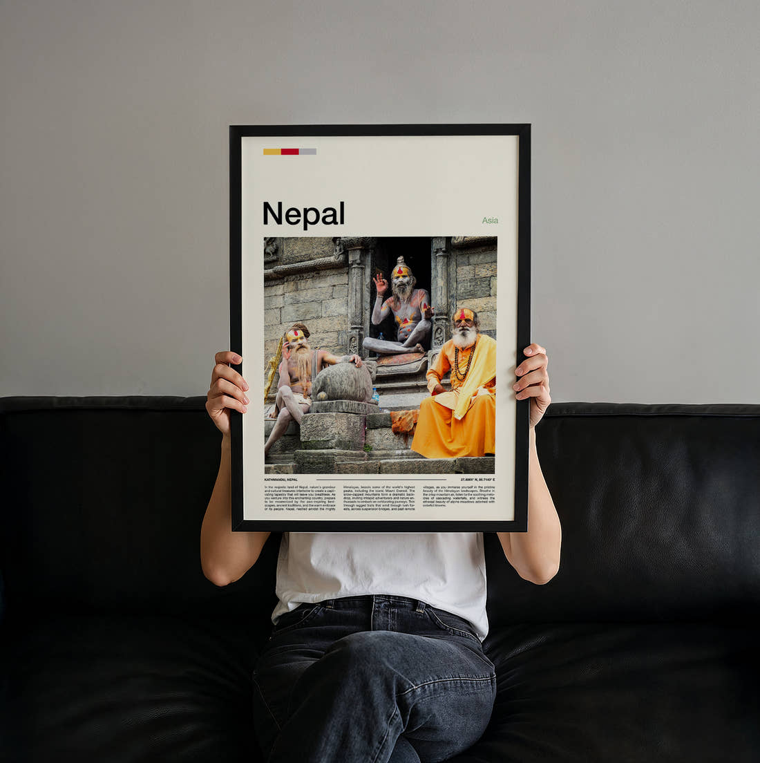Nepal Sadhus On Temple Steps Travel Print held up by hand to show the size of the print