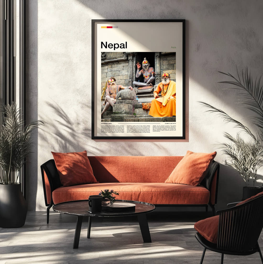 Nepal Sadhus On Temple Steps Travel Print framed on the wall of a modern living room