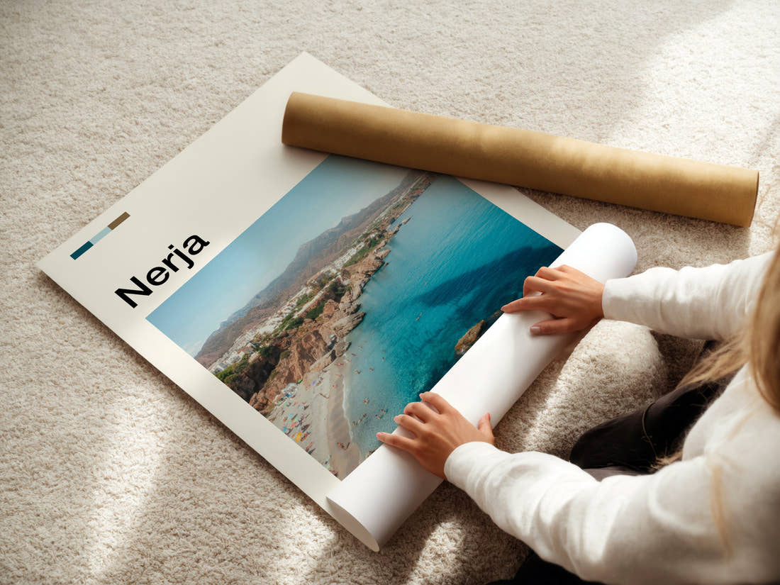 Nerja Aerial Coastal View Travel Print being unrolled from its postal tube