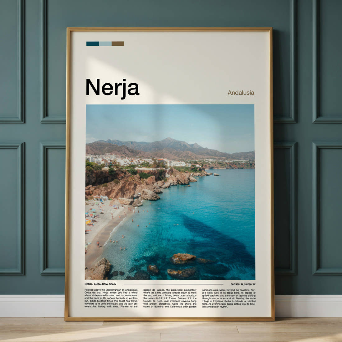 Nerja Aerial Coastal View Travel Print framed on the wall of a calm, neutral bedroom