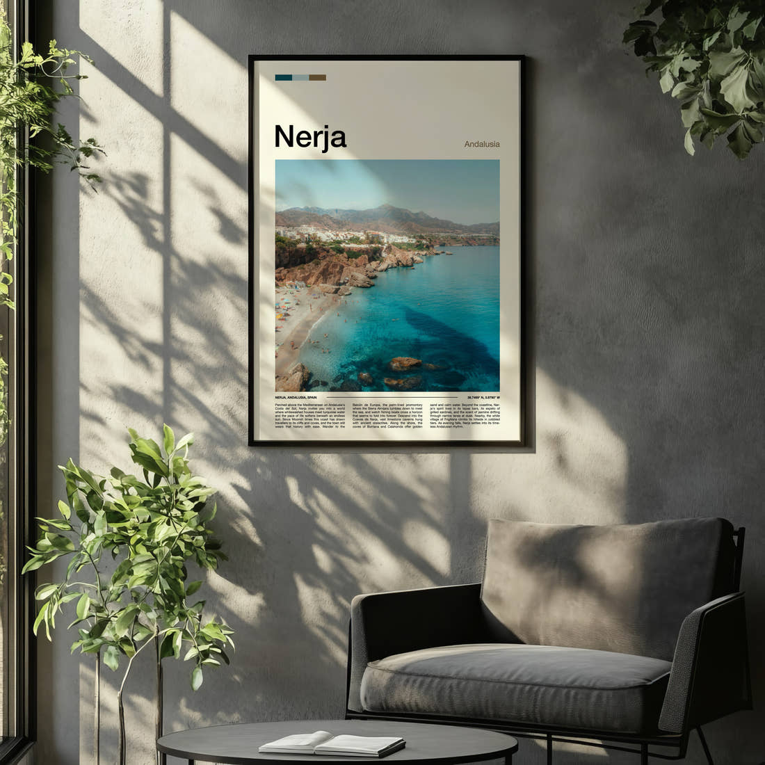 Nerja Aerial Coastal View Travel Print framed on the wall of a relaxed living room