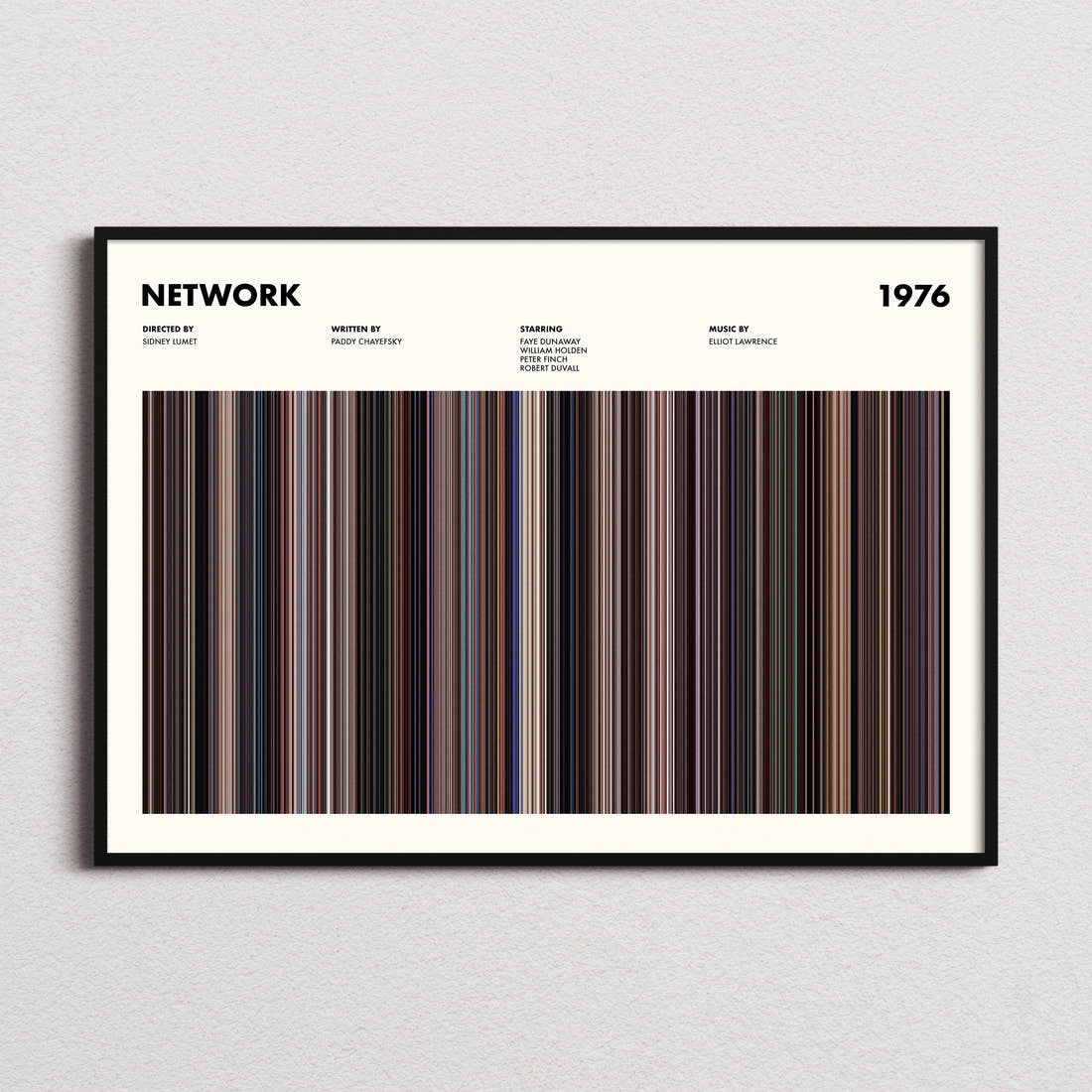 Network Movie Barcode Poster framed and photographed straight on