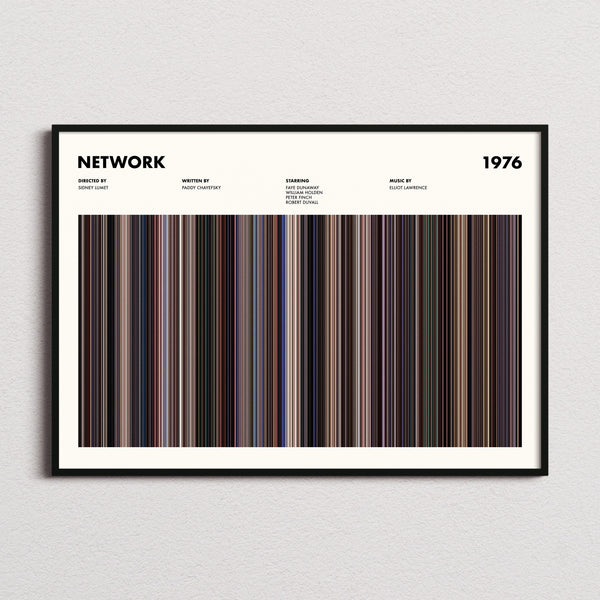 Network Movie Barcode Poster framed and photographed straight on
