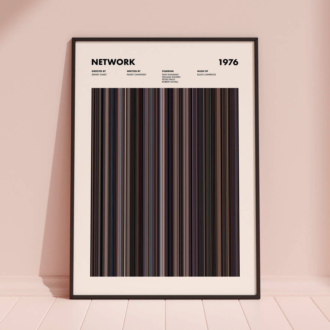 Network Movie Barcode Poster framed and leaning against a coloured wall