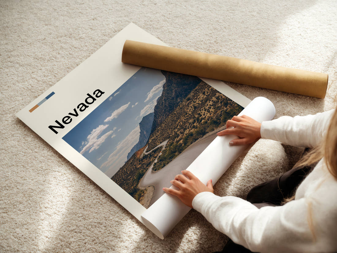 Nevada Winding Desert Road Travel Print being unrolled from its postal tube