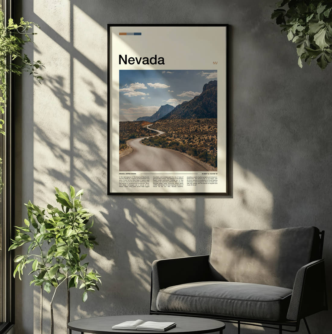 Nevada Winding Desert Road Travel Print framed on the wall of a relaxed living room