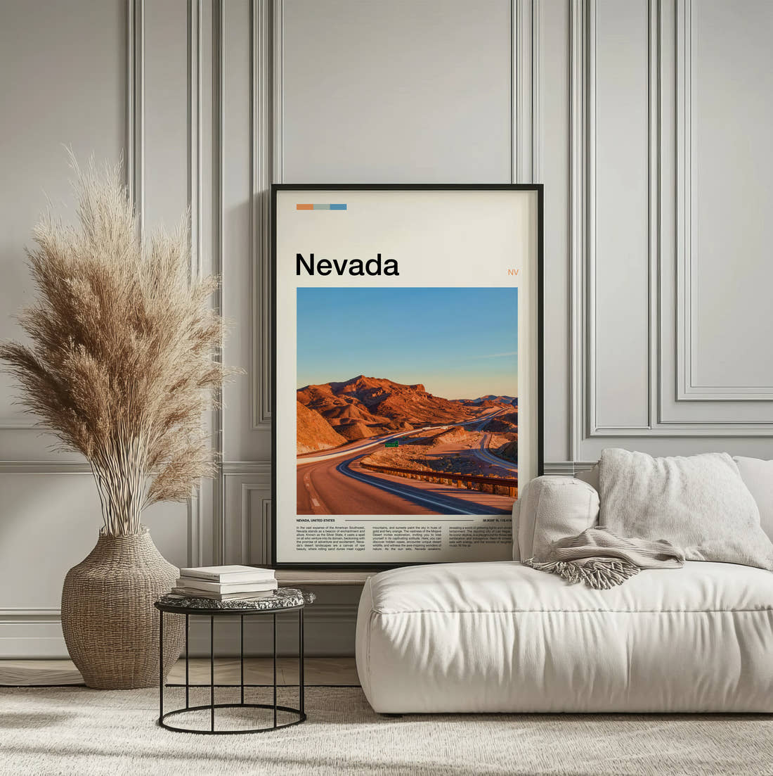 Nevada Road Through Red Rocks Travel Print framed on the wall of a calm, neutral bedroom