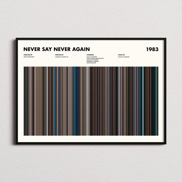 Never Say Never Again Movie Barcode Poster framed and photographed straight on