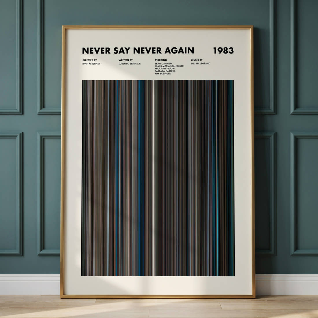 Never Say Never Again Movie Barcode Poster framed and leaning against a panelled wall