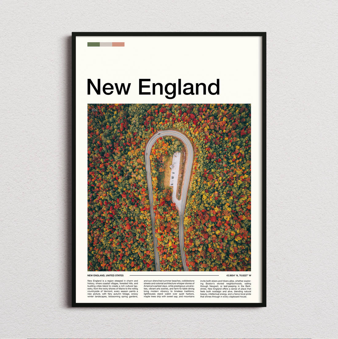 New England Hairpin Road Through Autumn Forest Travel Print framed and photographed straight on
