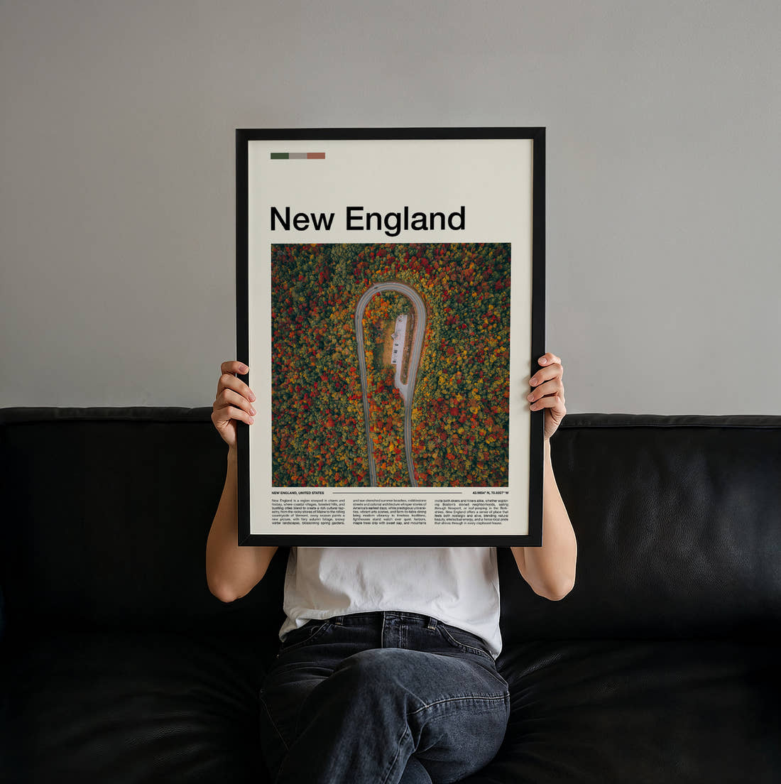 New England Hairpin Road Through Autumn Forest Travel Print held up by hand to show the size of the print