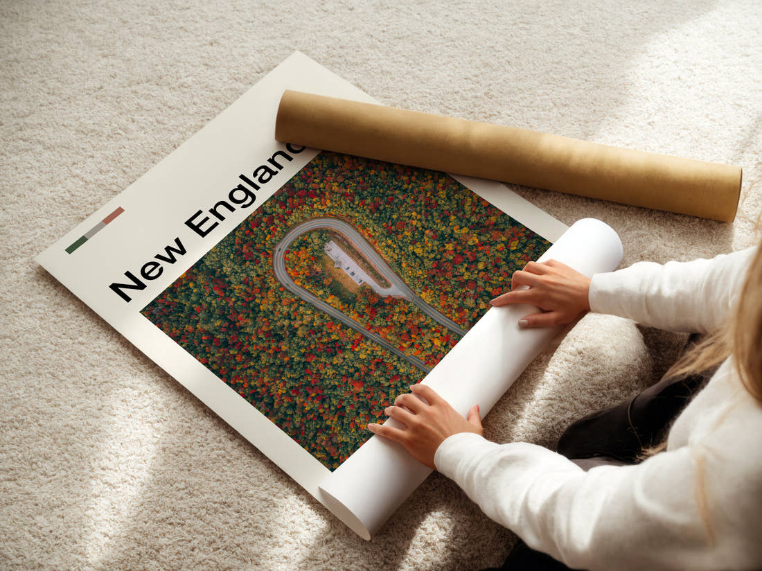 New England Hairpin Road Through Autumn Forest Travel Print being unrolled from its postal tube