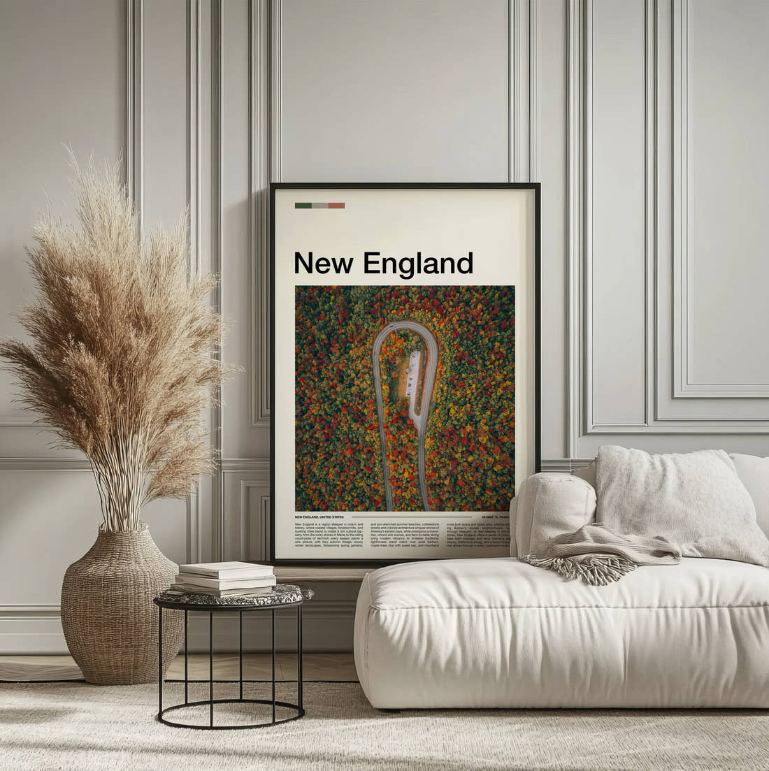 New England Hairpin Road Through Autumn Forest Travel Print framed on the wall of a calm, neutral bedroom