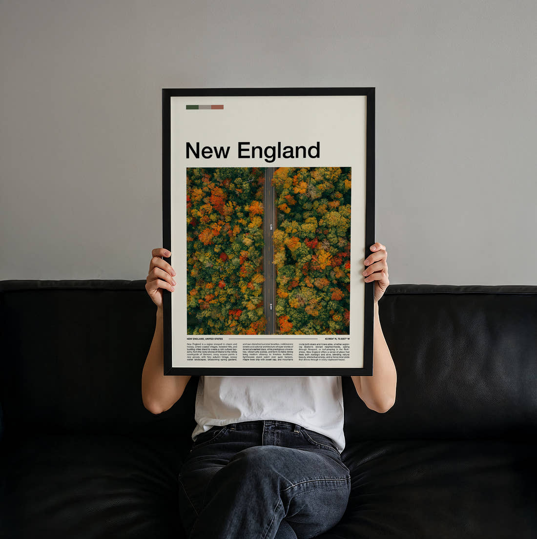 New England Road Through Autumn Trees Travel Print held up by hand to show the size of the print
