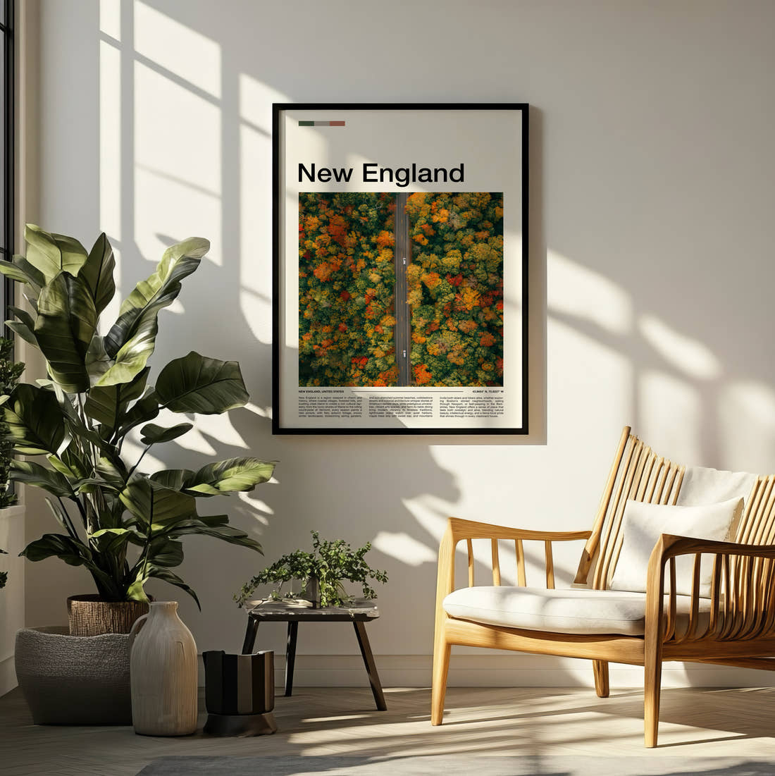 New England Road Through Autumn Trees Travel Print framed on a pale wall beside houseplants