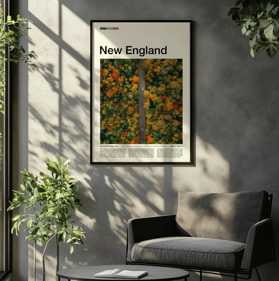 New England Road Through Autumn Trees Travel Print framed on the wall of a relaxed living room