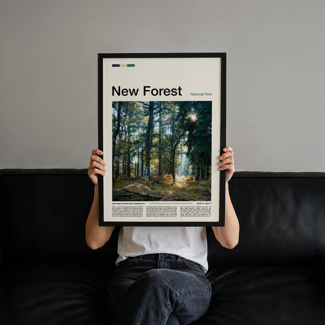 New Forest Sunlit Woodland Glade Travel Print held up by hand to show the size of the print