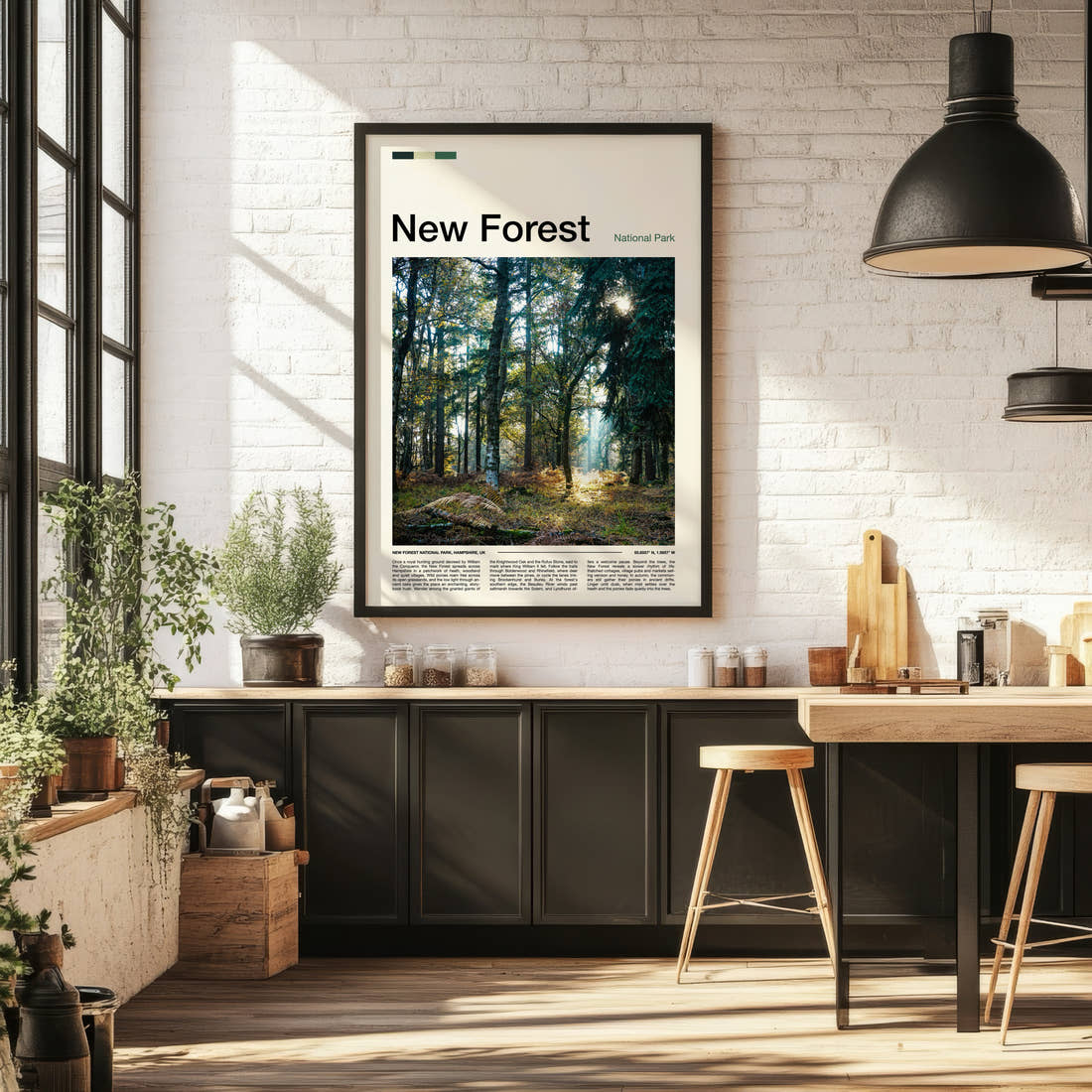 New Forest Sunlit Woodland Glade Travel Print framed on the wall of a bright kitchen and dining space