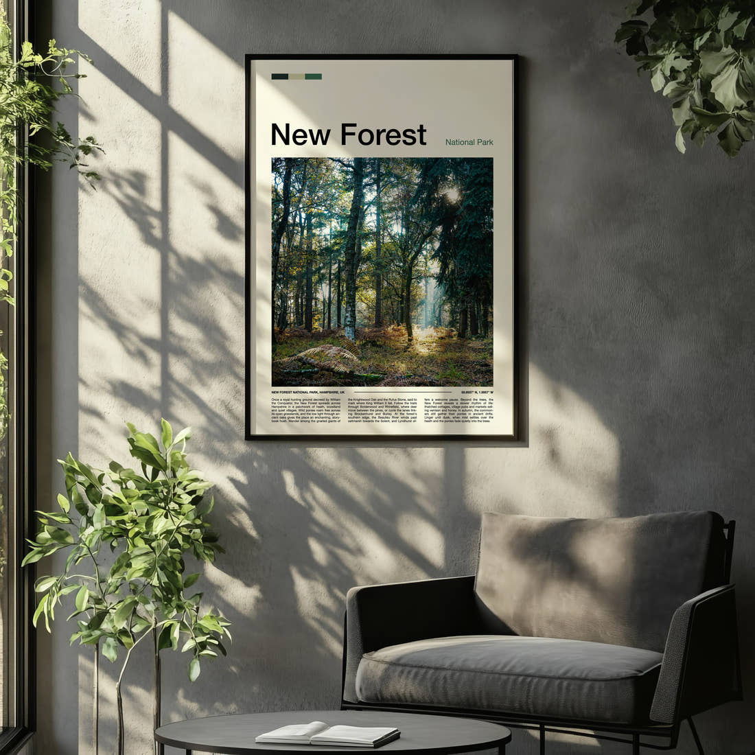 New Forest Sunlit Woodland Glade Travel Print framed on the wall of a relaxed living room