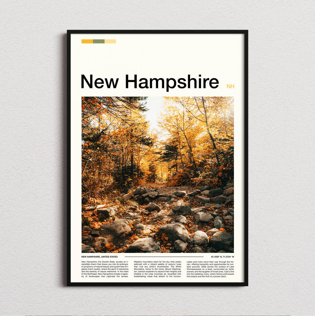 New Hampshire Autumn Woodland Trail Travel Print framed and photographed straight on
