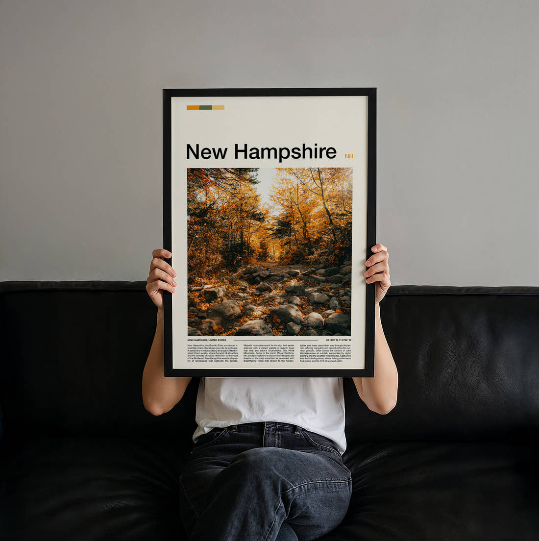 New Hampshire Autumn Woodland Trail Travel Print held up by hand to show the size of the print