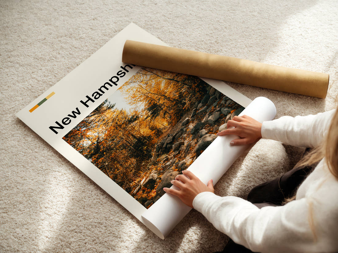 New Hampshire Autumn Woodland Trail Travel Print being unrolled from its postal tube