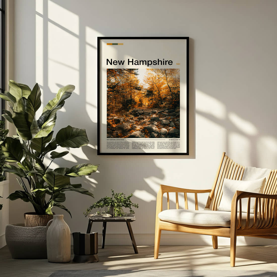 New Hampshire Autumn Woodland Trail Travel Print framed on a pale wall beside houseplants