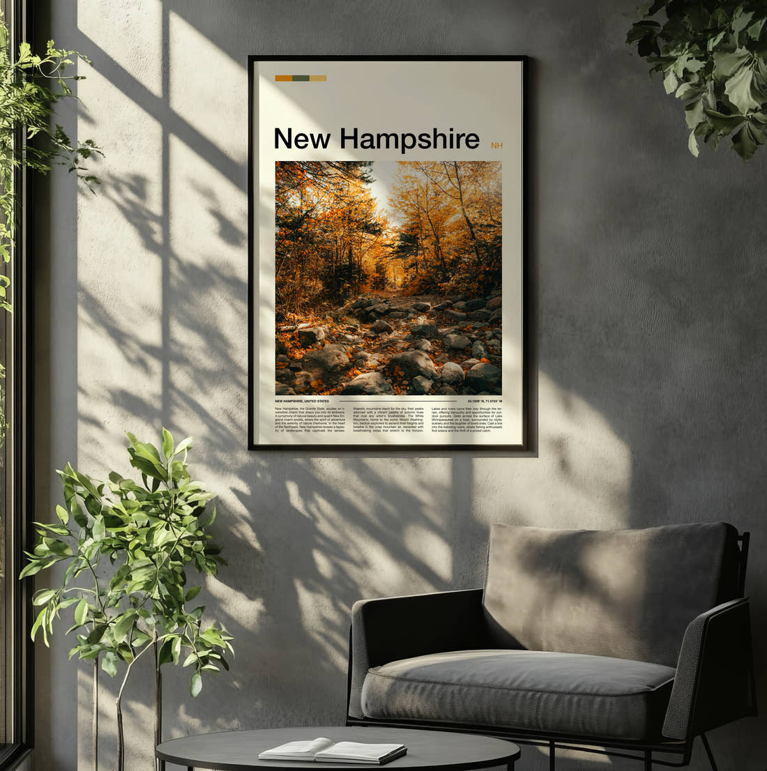 New Hampshire Autumn Woodland Trail Travel Print framed on the wall of a relaxed living room