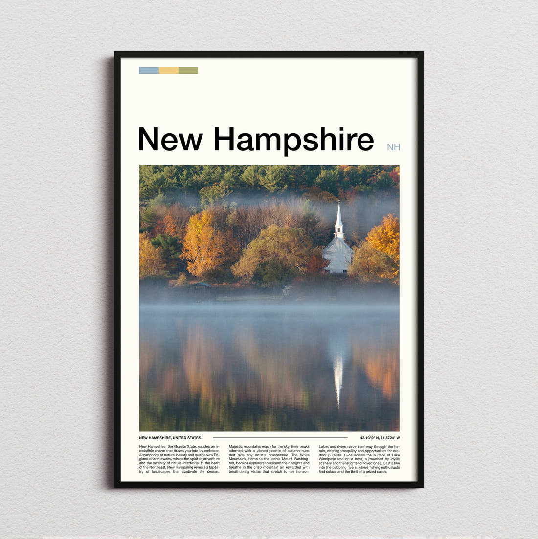 New Hampshire Church Reflected In Lake Travel Print framed and photographed straight on