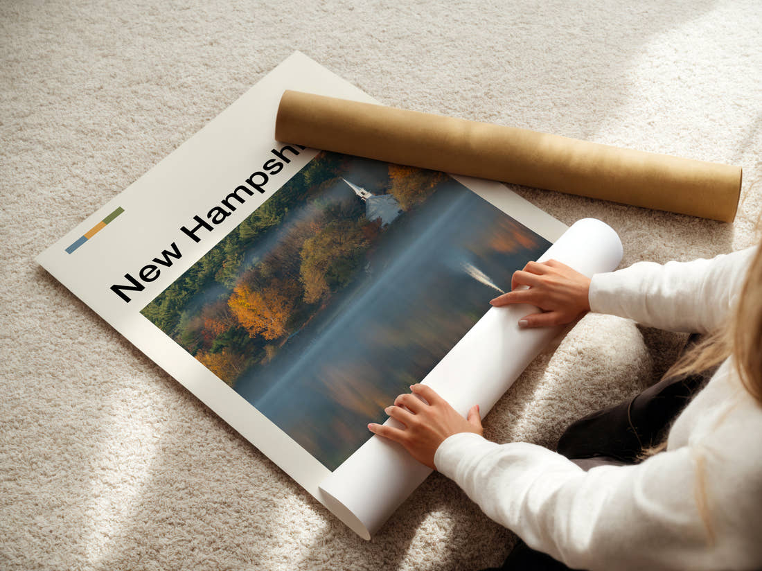 New Hampshire Church Reflected In Lake Travel Print being unrolled from its postal tube