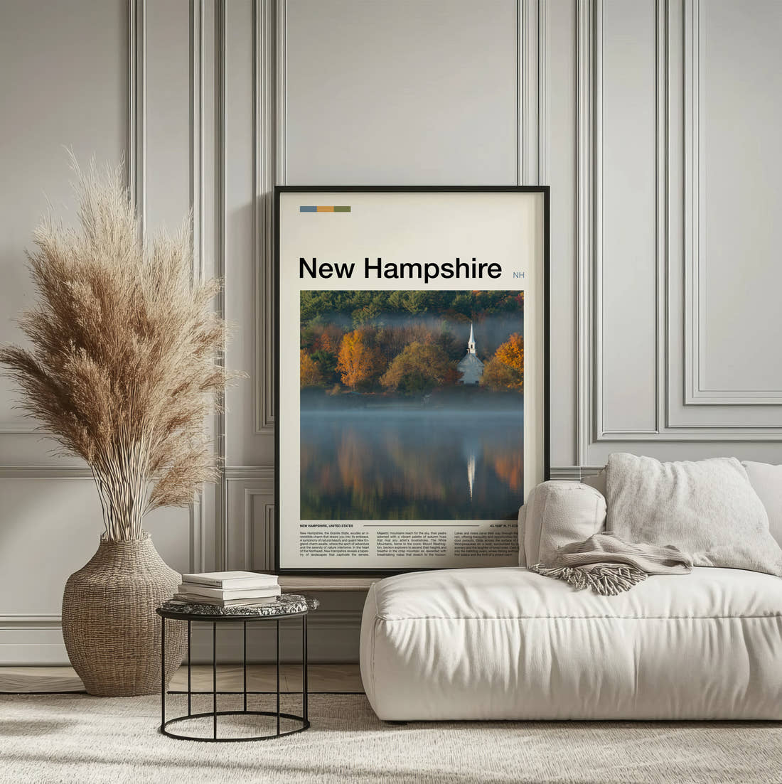 New Hampshire Church Reflected In Lake Travel Print framed on the wall of a calm, neutral bedroom
