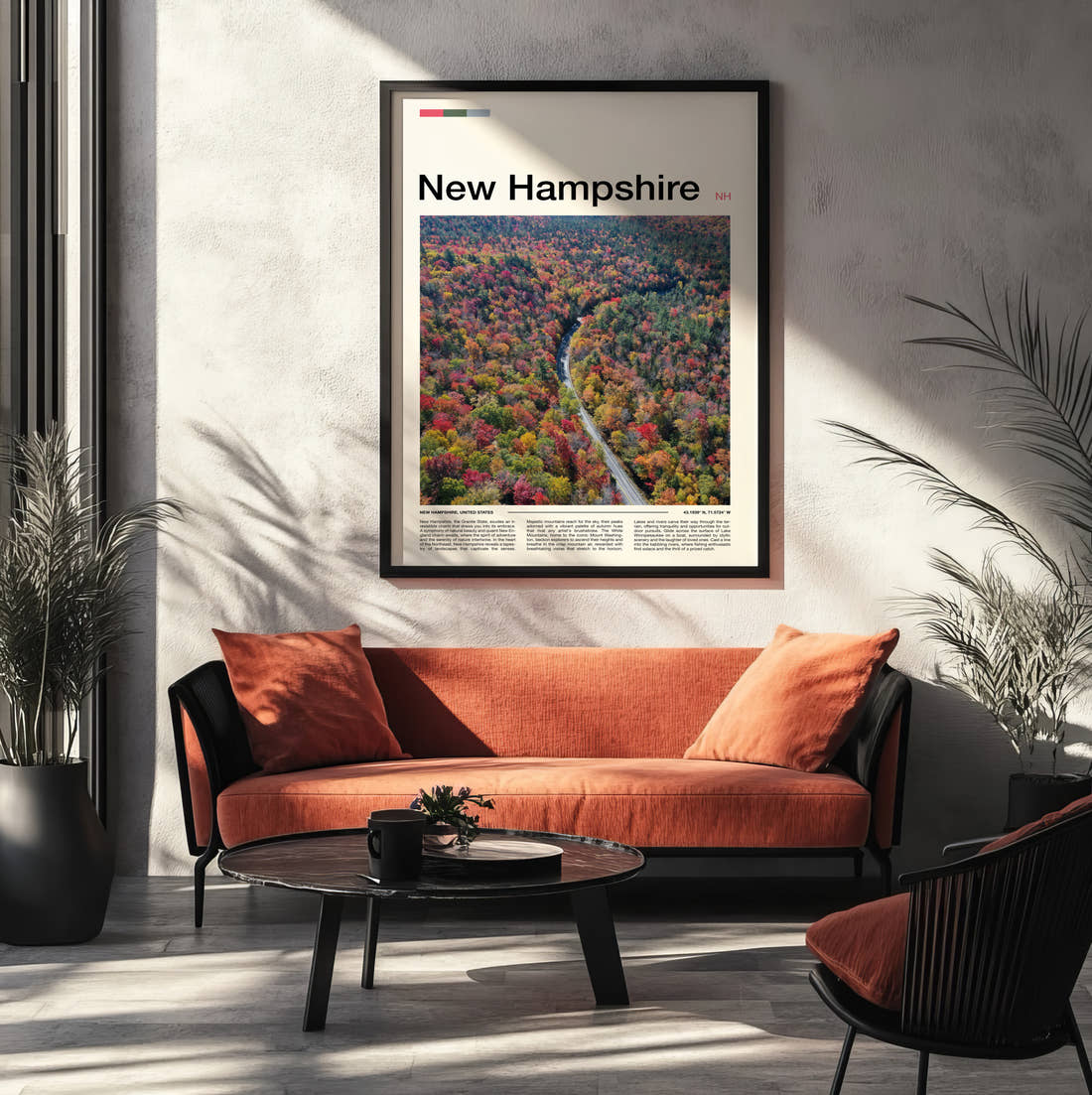 New Hampshire Road Through Autumn Forest Travel Print framed on the wall of a modern living room