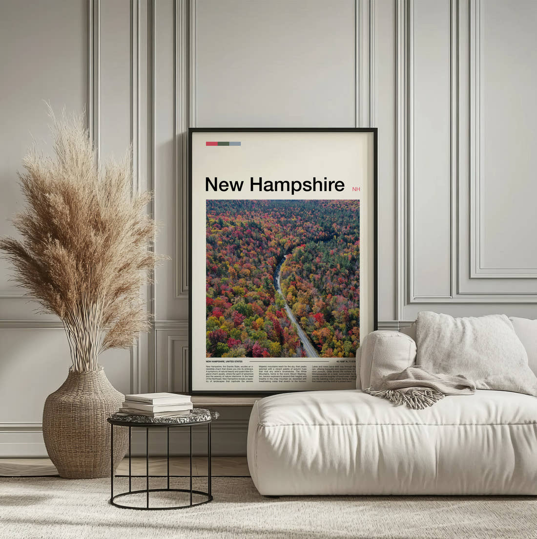New Hampshire Road Through Autumn Forest Travel Print framed on the wall of a calm, neutral bedroom