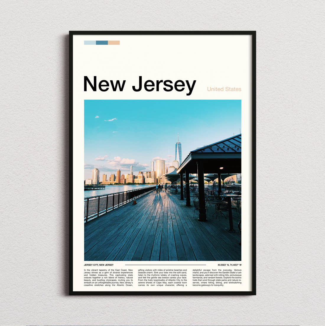 New Jersey Boardwalk And City Skyline Travel Print framed and photographed straight on