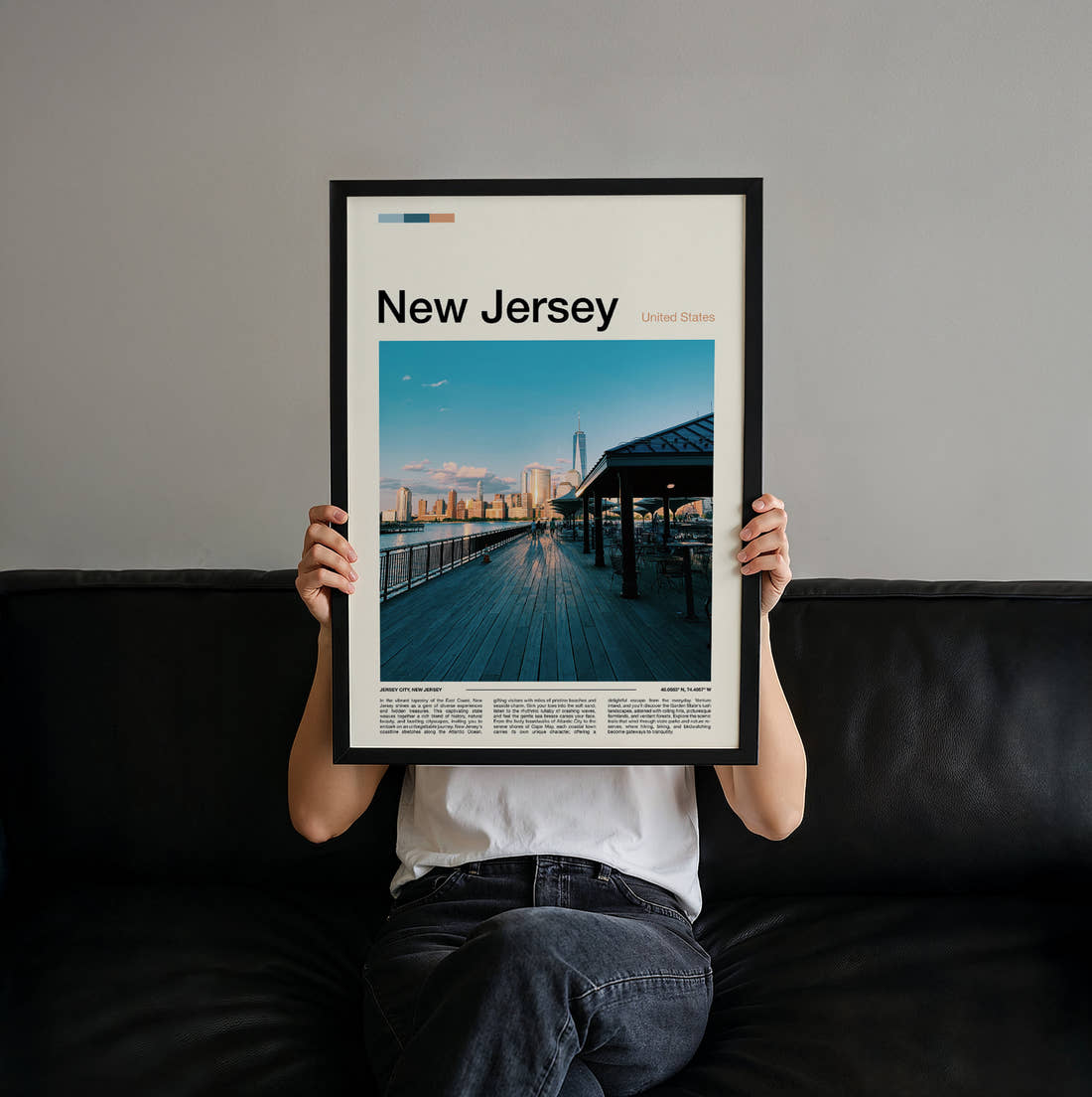 New Jersey Boardwalk And City Skyline Travel Print held up by hand to show the size of the print