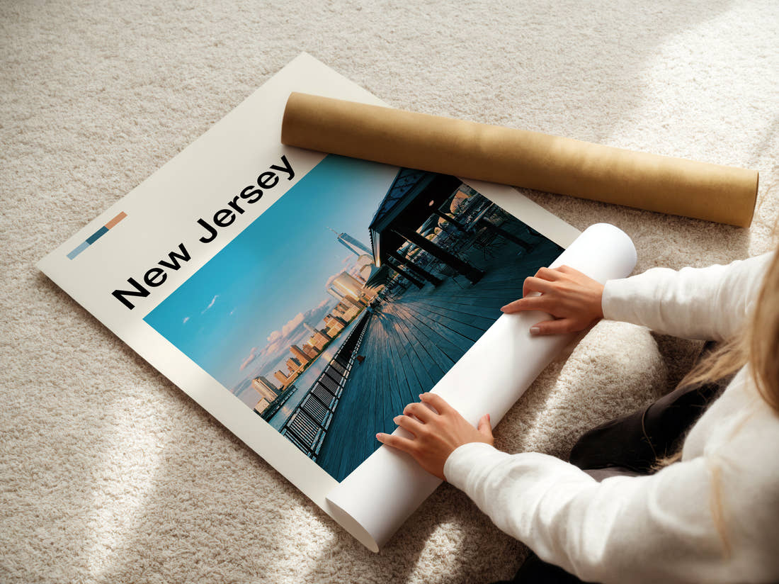 New Jersey Boardwalk And City Skyline Travel Print being unrolled from its postal tube