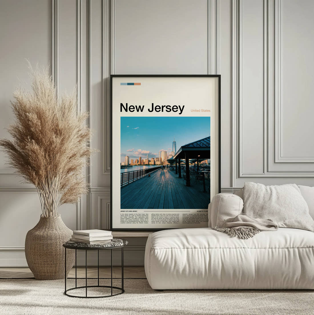 New Jersey Boardwalk And City Skyline Travel Print framed on the wall of a calm, neutral bedroom