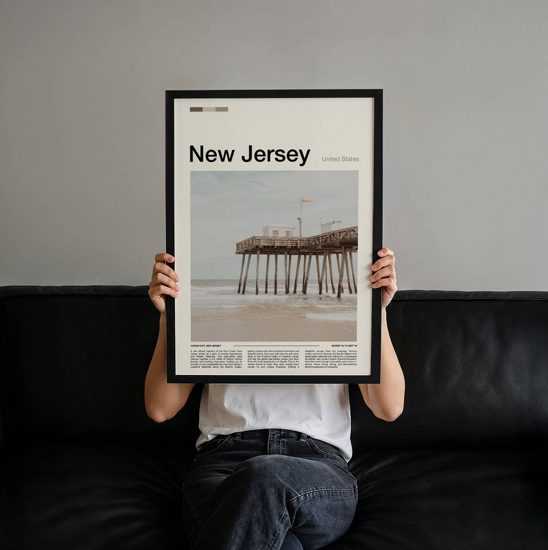 New Jersey Wooden Pier On The Beach Travel Print held up by hand to show the size of the print