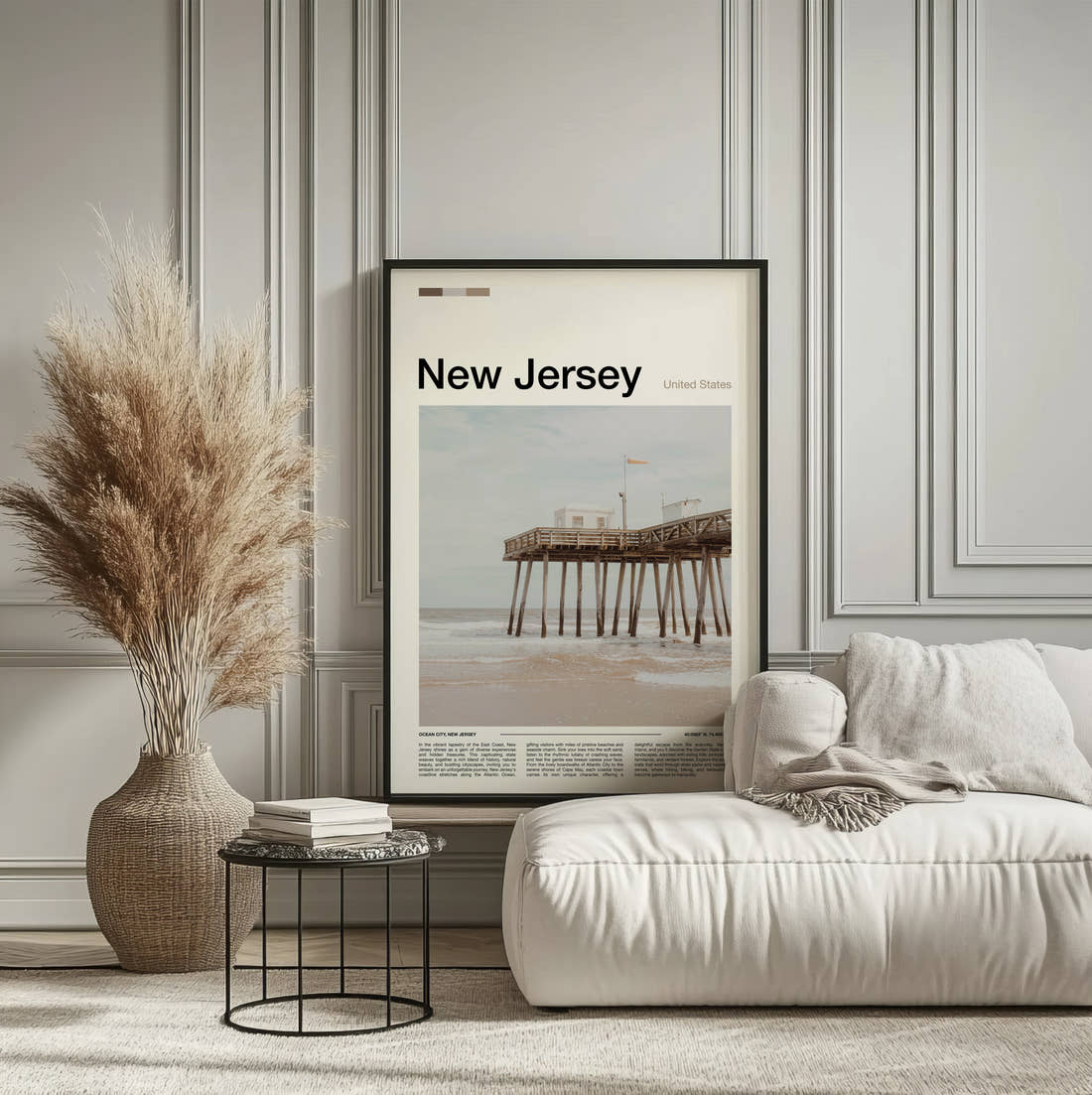New Jersey Wooden Pier On The Beach Travel Print framed on the wall of a calm, neutral bedroom