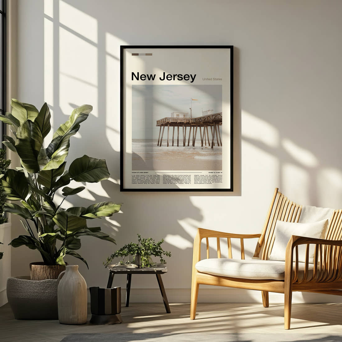 New Jersey Wooden Pier On The Beach Travel Print framed on a pale wall beside houseplants