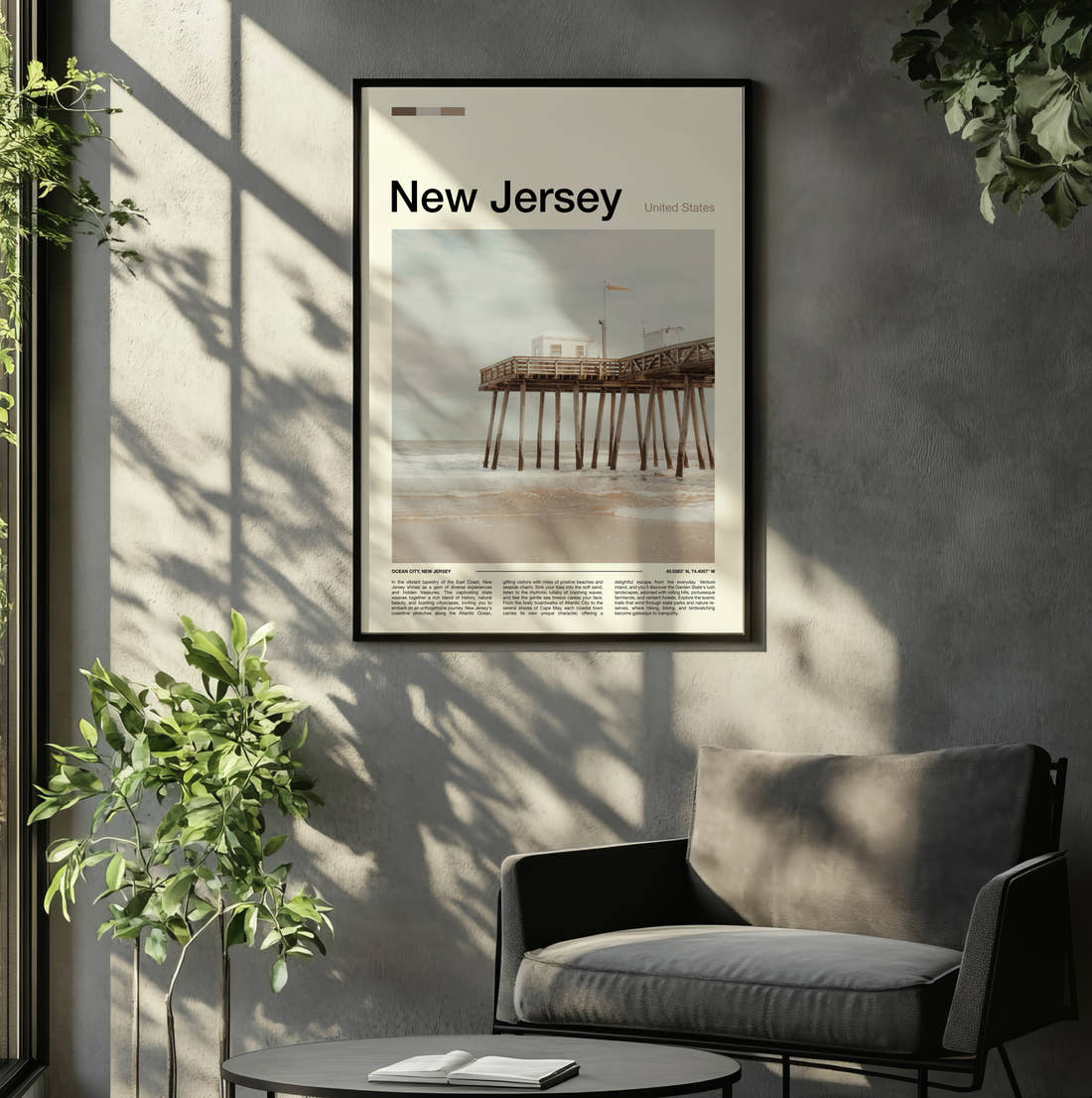 New Jersey Wooden Pier On The Beach Travel Print framed on the wall of a relaxed living room