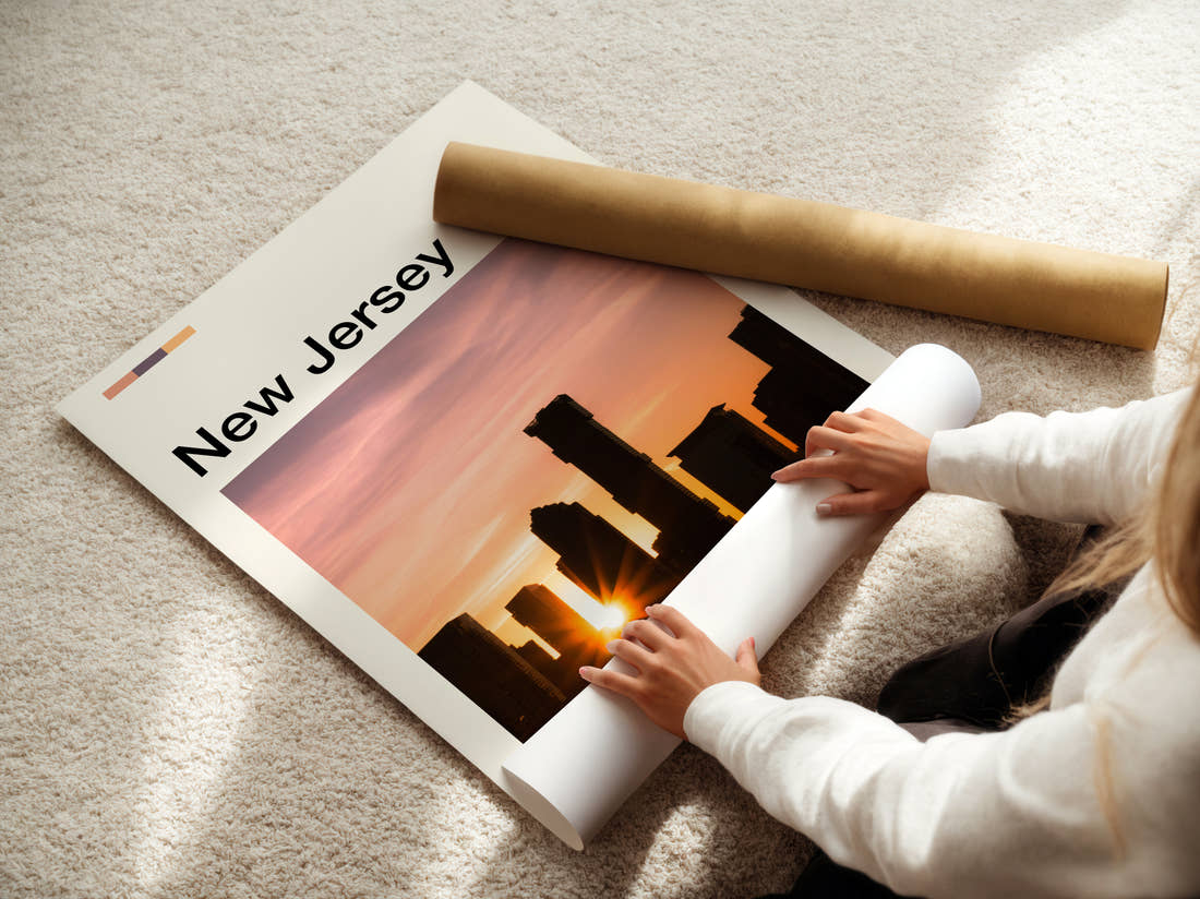 New Jersey Sunset Behind City Skyline Travel Print being unrolled from its postal tube