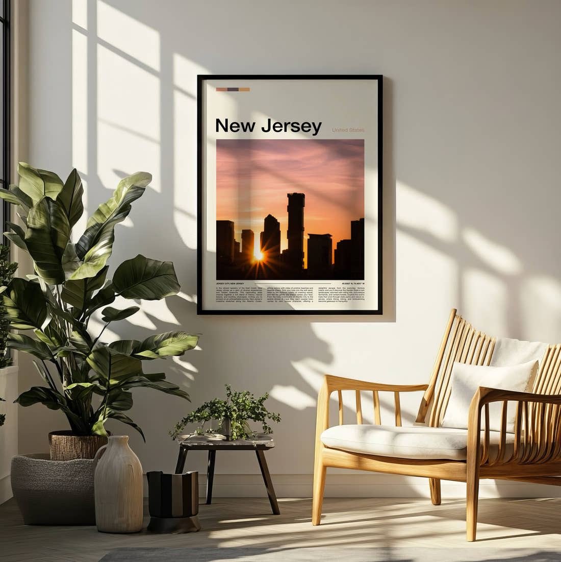 New Jersey Sunset Behind City Skyline Travel Print framed on a pale wall beside houseplants